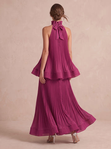 Fuchsia Long Tiered Pleated Chiffon Wedding Guest Dresses Halter High Neck Formal Dresses
