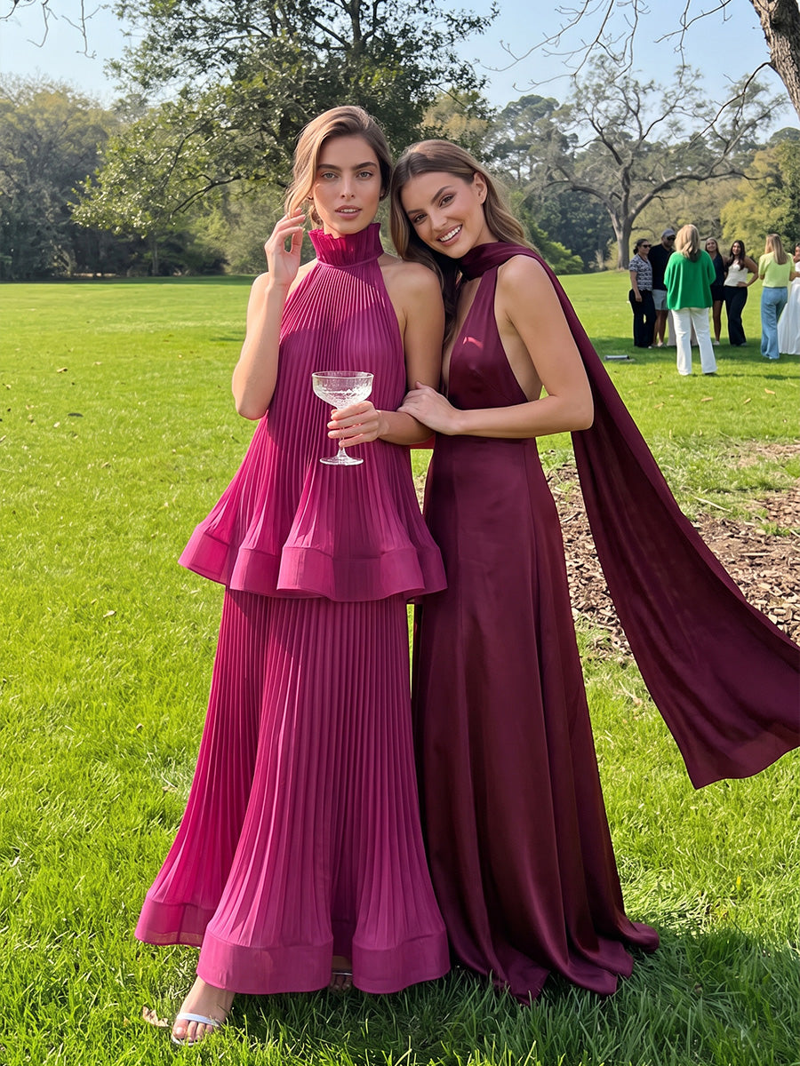 Fuchsia Long Tiered Pleated Chiffon Wedding Guest Dresses Halter High Neck Formal Dresses
