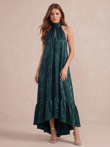Peacock A Line High Low Jacquard Satin Wedding Guest Dresses Halter High Neck Formal Dresses