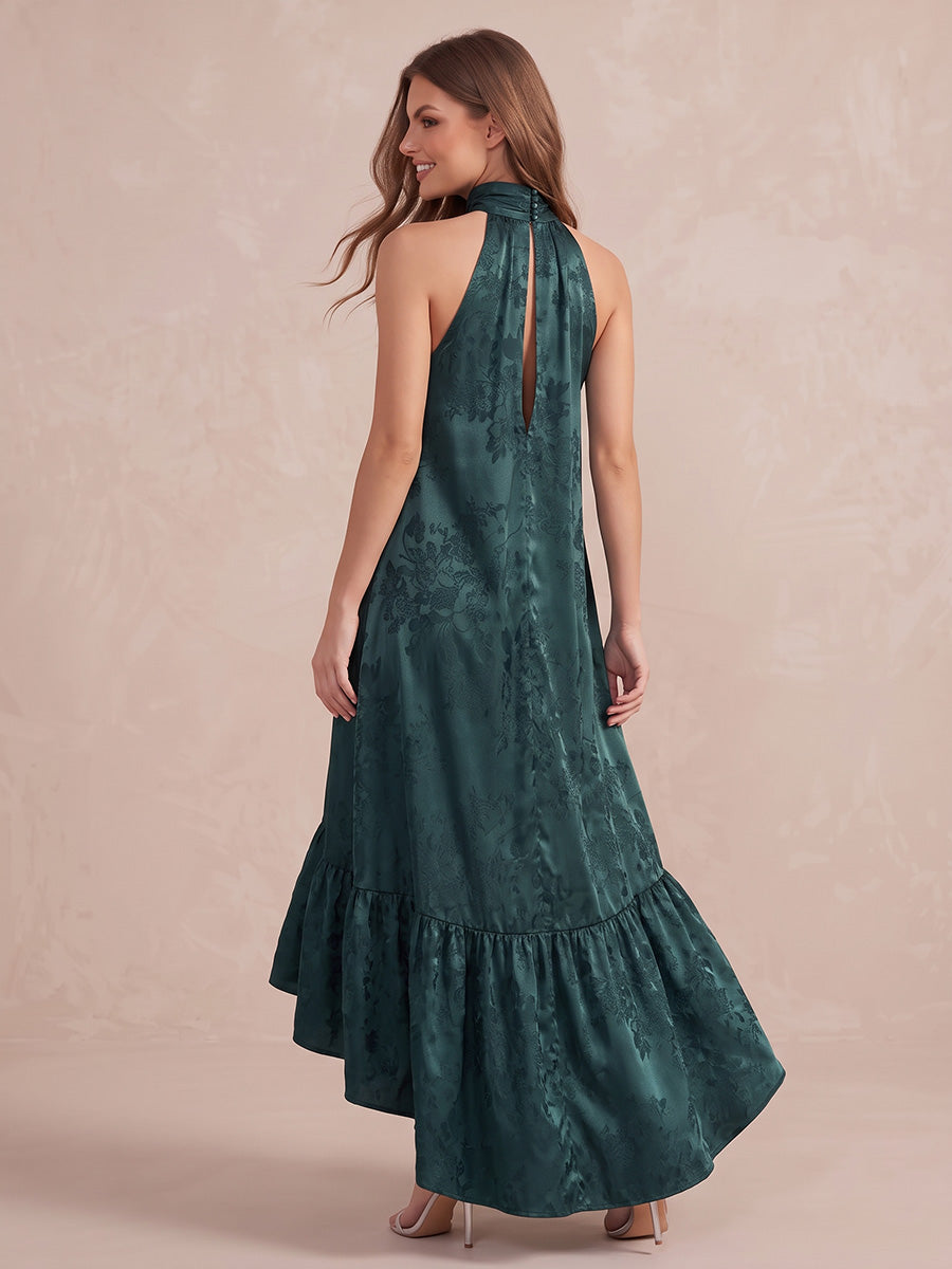 Peacock A Line High Low Jacquard Satin Wedding Guest Dresses Halter High Neck Formal Dresses