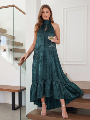 Peacock A Line High Low Jacquard Satin Wedding Guest Dresses Halter High Neck Formal Dresses