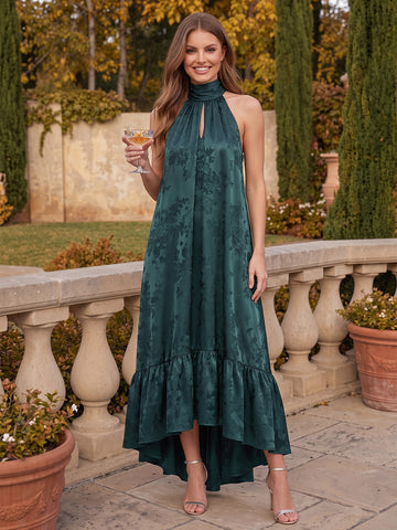 Peacock A Line High Low Jacquard Satin Wedding Guest Dresses Halter High Neck Formal Dresses
