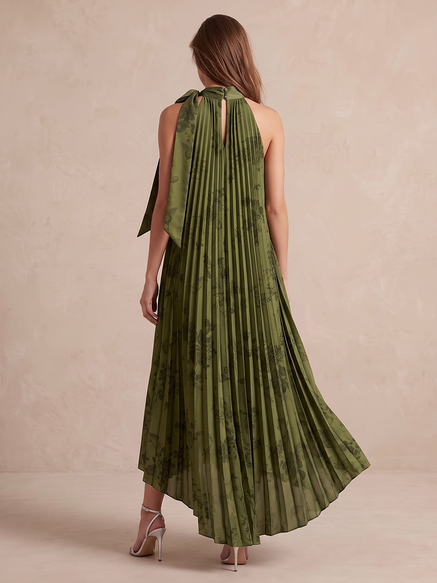 Olive Green A Line High Low Pleated Wedding Guest Dresses Jacquard Halter High Neck Formal Dresses
