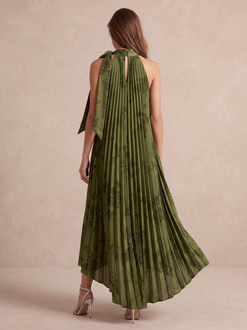 Olive Green A Line High Low Pleated Wedding Guest Dresses Jacquard Halter High Neck Formal Dresses