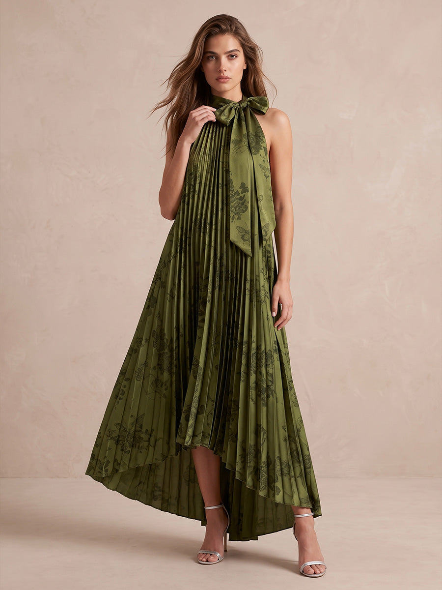 Olive Green A Line High Low Pleated Wedding Guest Dresses Jacquard Halter High Neck Formal Dresses