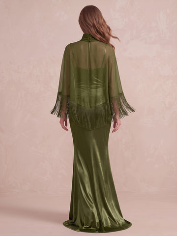 Olive Green Mermaid Floor Length Satin With Fringe Cape Wedding Guest Dresses Mock Neck Formal Dresses