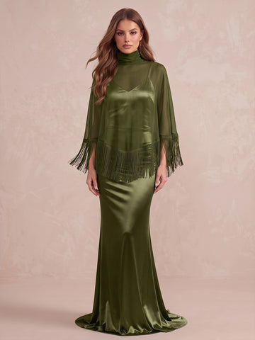 Olive Green Mermaid Floor Length Satin With Fringe Cape Wedding Guest Dresses Mock Neck Formal Dresses