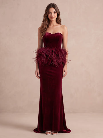 Burgundy Mermaid Long Velvet With Feather Trim Wedding Guest Dresses Strapless Sweetheart Formal Dresses