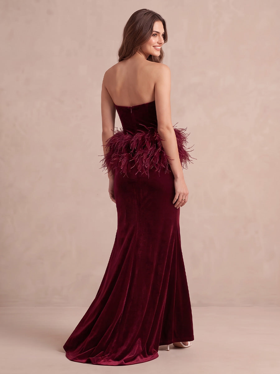 Burgundy Mermaid Long Velvet With Feather Trim Wedding Guest Dresses Strapless Sweetheart Formal Dresses