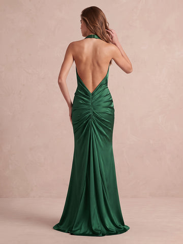 Emerald Green Mermaid Floor Length Satin Wedding Guest Dresses Halter Deep V Neck Evening Dresses