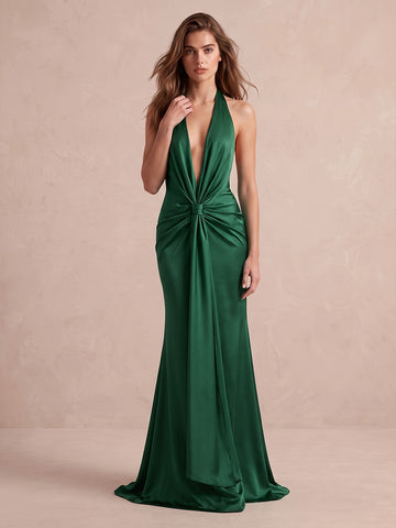 Emerald Green Mermaid Floor Length Satin Wedding Guest Dresses Halter Deep V Neck Evening Dresses