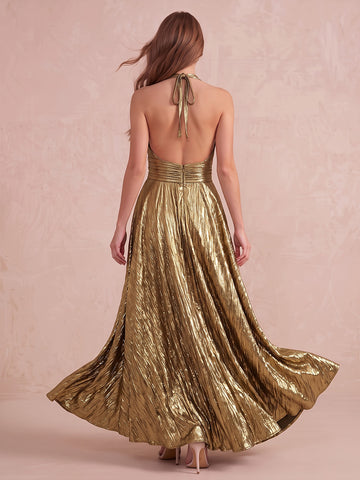 Gold A Line Floor Length Metallic Fabric Wedding Guest Dresses Halter Deep V Neck Evening Dresses