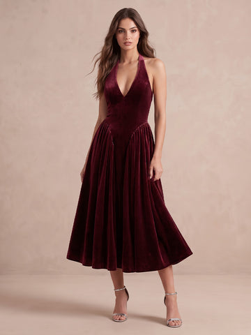 Burgundy A Line Midi Velvet Wedding Guest Dresses Halter Deep V Neck Cocktail Dresses