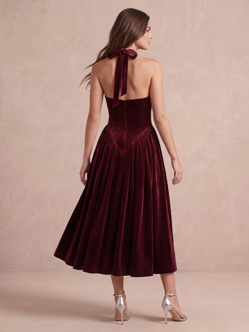 Burgundy A Line Midi Velvet Wedding Guest Dresses Halter Deep V Neck Cocktail Dresses