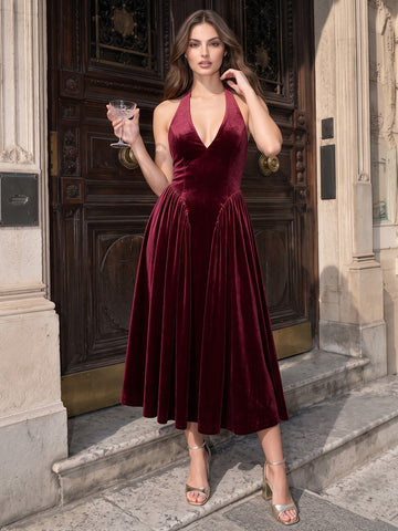 Burgundy A Line Midi Velvet Wedding Guest Dresses Halter Deep V Neck Cocktail Dresses