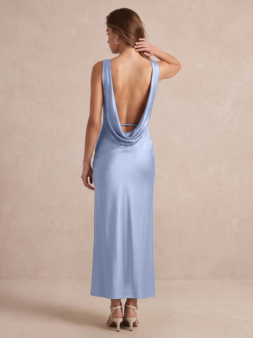 Dusty Blue Slip Midi Satin Wedding Guest Dresses Cowl Neck Cocktail Dresses