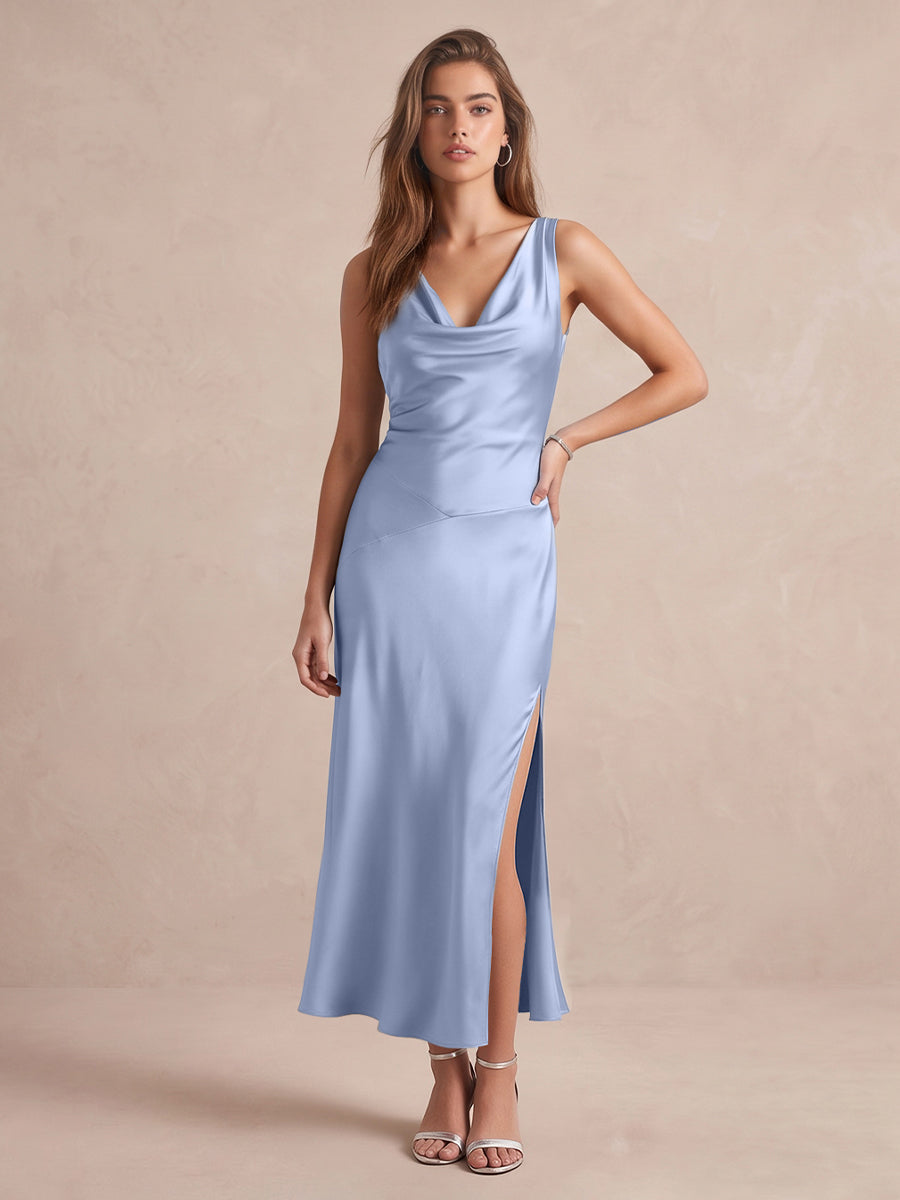 Dusty Blue Slip Midi Satin Wedding Guest Dresses Cowl Neck Cocktail Dresses