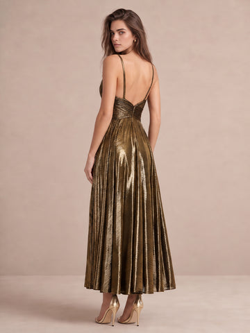 Gold A Line Midi Metallic Pleated Fabric Wedding Guest Dresses Sleeveless Deep V Neck Cocktail Dresses