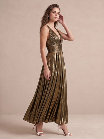 Gold A Line Midi Metallic Pleated Fabric Wedding Guest Dresses Sleeveless Deep V Neck Cocktail Dresses