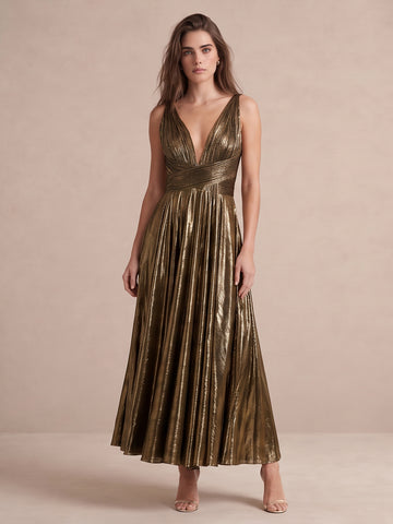 Gold A Line Midi Metallic Pleated Fabric Wedding Guest Dresses Sleeveless Deep V Neck Cocktail Dresses