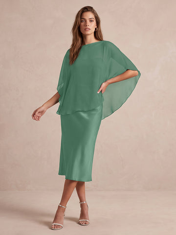 Eucalyptus Sheath Midi Satin With Chiffon Cape Overlay Wedding Guest Dresses Bateau Neck Formal Dresses
