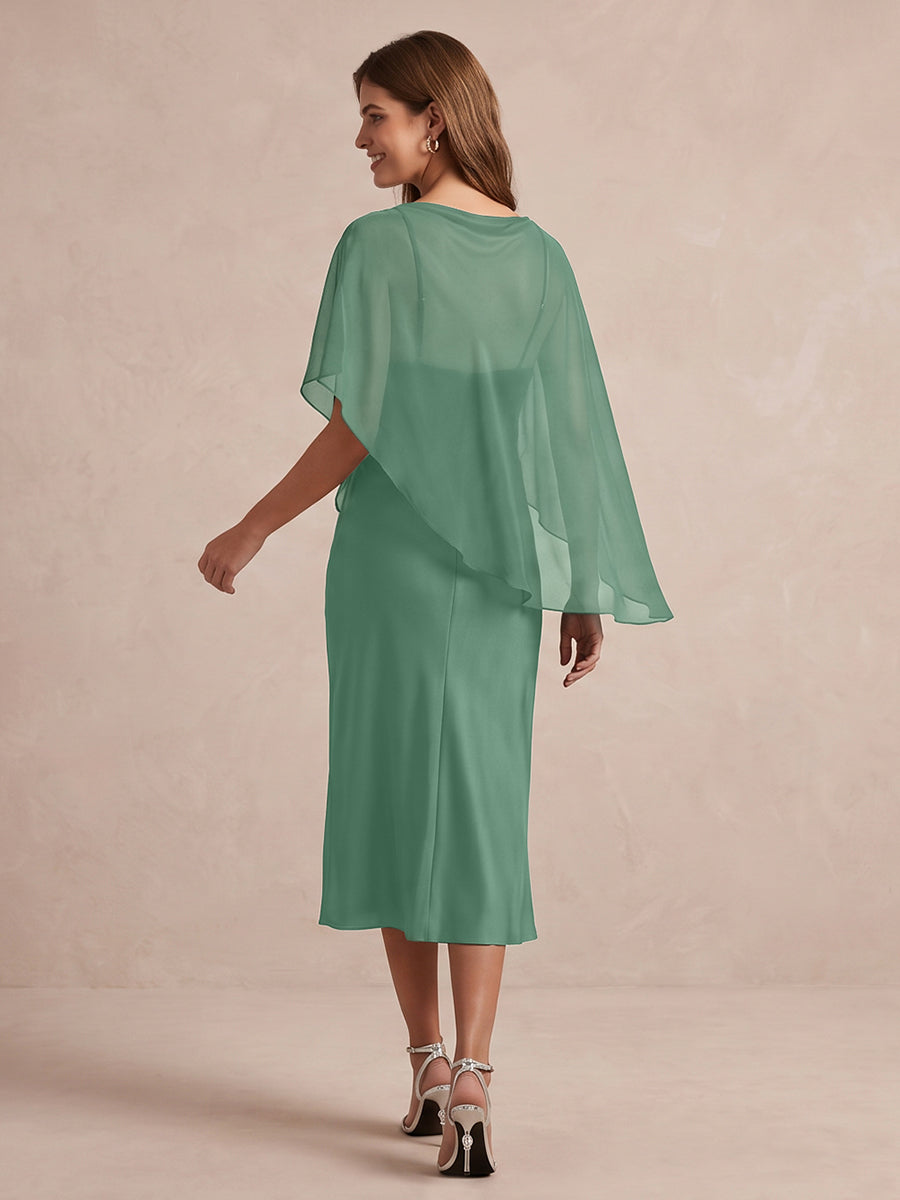 Eucalyptus Sheath Midi Satin With Chiffon Cape Overlay Wedding Guest Dresses Bateau Neck Formal Dresses