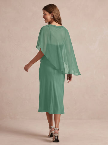 Eucalyptus Sheath Midi Satin With Chiffon Cape Overlay Wedding Guest Dresses Bateau Neck Formal Dresses