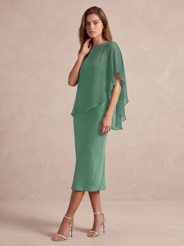 Eucalyptus Sheath Midi Satin With Chiffon Cape Overlay Wedding Guest Dresses Bateau Neck Formal Dresses