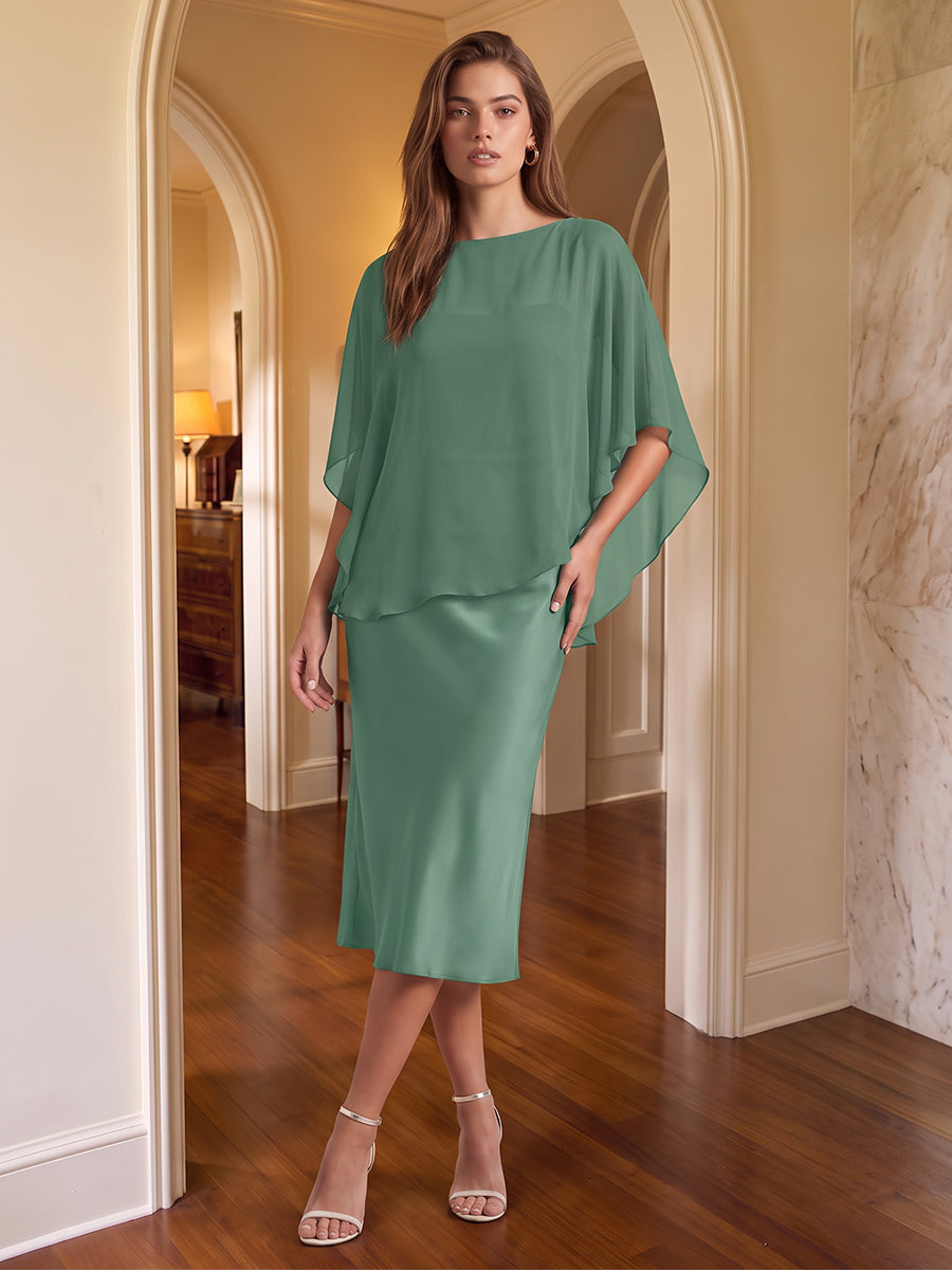 Eucalyptus Sheath Midi Satin With Chiffon Cape Overlay Wedding Guest Dresses Bateau Neck Formal Dresses
