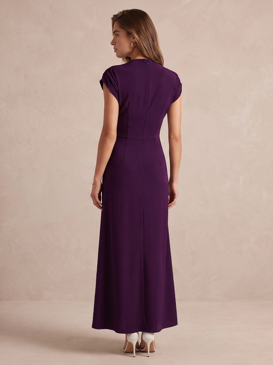 Plum Sheath Midi Stretch Jersey Wedding Guest Dresses High Mock Neck Formal Dresses