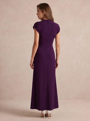 Plum Sheath Midi Stretch Jersey Wedding Guest Dresses High Mock Neck Formal Dresses