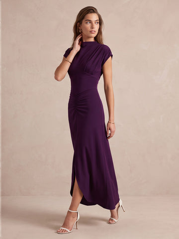 Plum Sheath Midi Stretch Jersey Wedding Guest Dresses High Mock Neck Formal Dresses