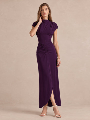 Plum Sheath Midi Stretch Jersey Wedding Guest Dresses High Mock Neck Formal Dresses