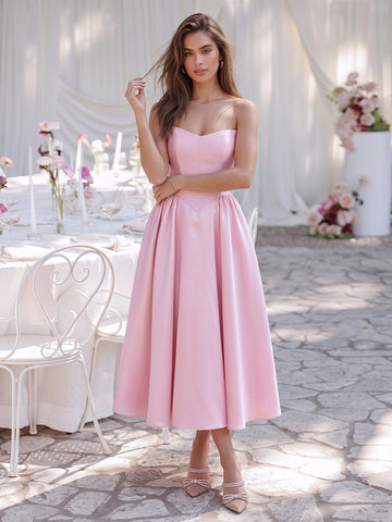Pink A Line Midi Satin Wedding Guest Dresses Strapless Sweetheart Cocktail Dresses
