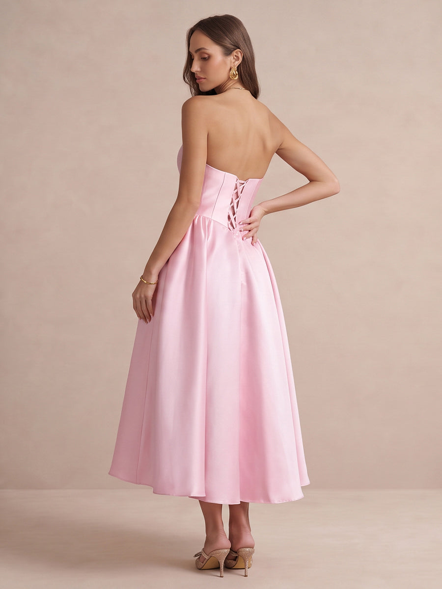 Pink A Line Midi Satin Wedding Guest Dresses Strapless Sweetheart Cocktail Dresses