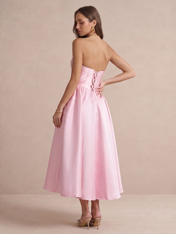 Pink A Line Midi Satin Wedding Guest Dresses Strapless Sweetheart Cocktail Dresses