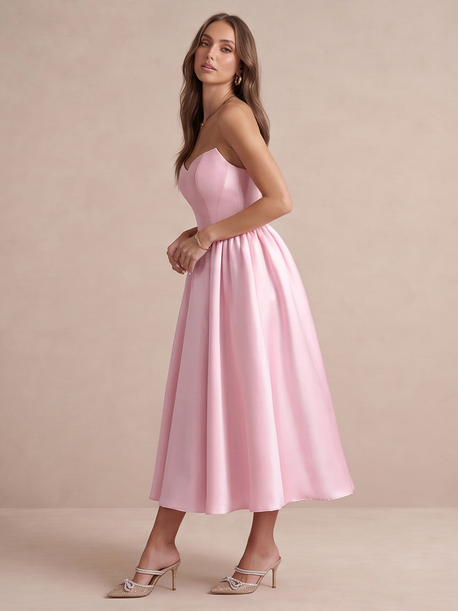 Pink A Line Midi Satin Wedding Guest Dresses Strapless Sweetheart Cocktail Dresses