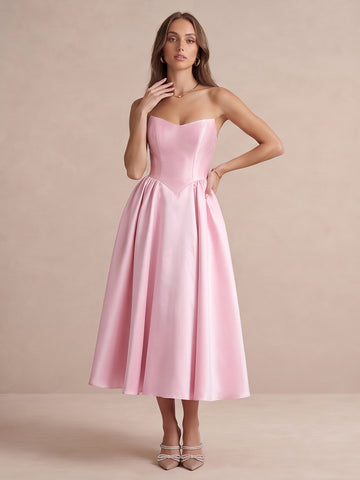 Pink A Line Midi Satin Wedding Guest Dresses Strapless Sweetheart Cocktail Dresses