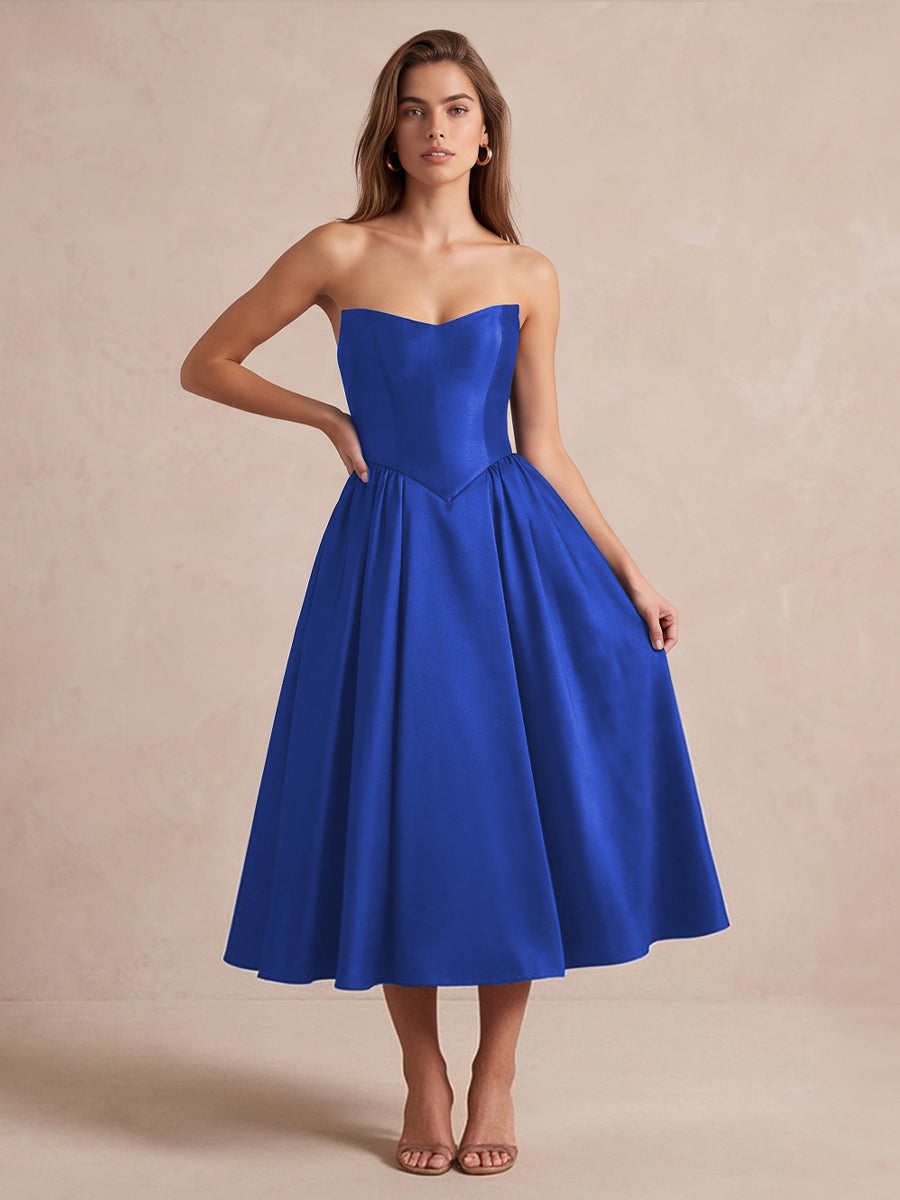Royal Blue A Line Midi Satin Wedding Guest Dresses Strapless Sweetheart Cocktail Dresses