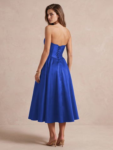 Royal Blue A Line Midi Satin Wedding Guest Dresses Strapless Sweetheart Cocktail Dresses
