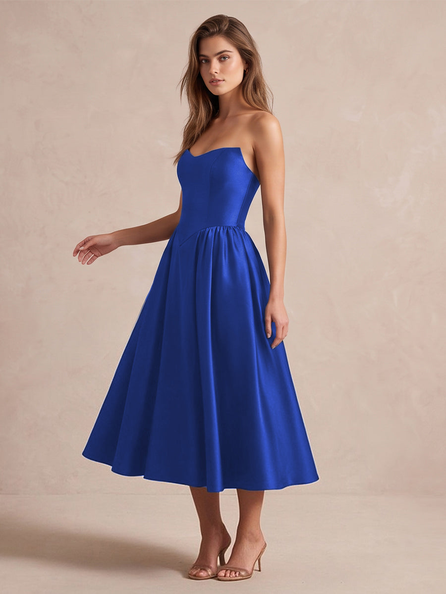 Royal Blue A Line Midi Satin Wedding Guest Dresses Strapless Sweetheart Cocktail Dresses