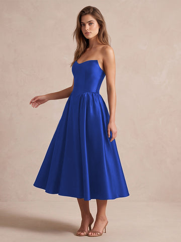 Royal Blue A Line Midi Satin Wedding Guest Dresses Strapless Sweetheart Cocktail Dresses