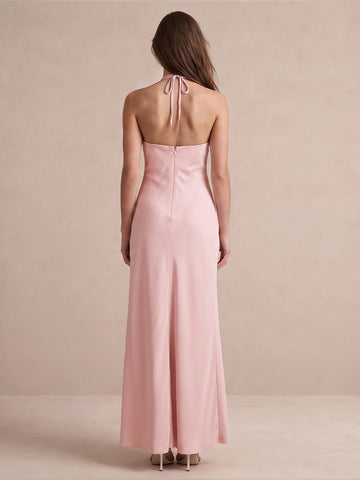 Ligh Pink Sheath Floor Length Satin With Feather Trim Wedding Guest Dresses Halter Cowl Neck Evening Dresses