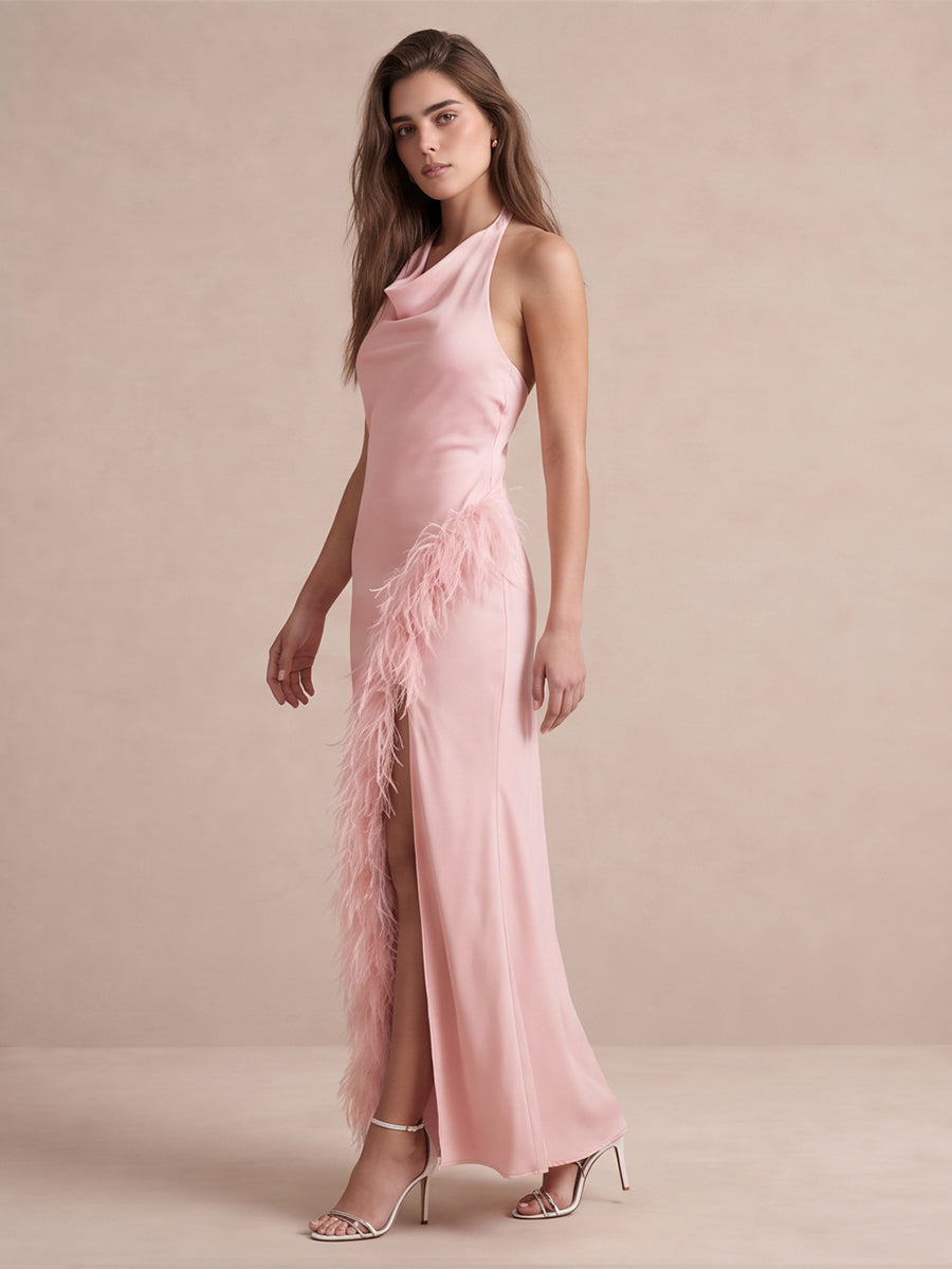 Ligh Pink Sheath Floor Length Satin With Feather Trim Wedding Guest Dresses Halter Cowl Neck Evening Dresses