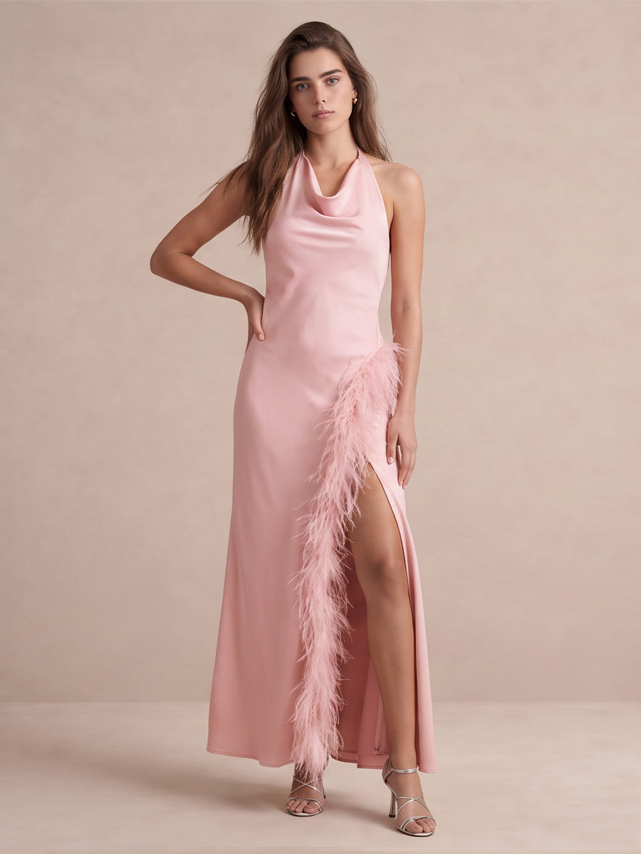 Ligh Pink Sheath Floor Length Satin With Feather Trim Wedding Guest Dresses Halter Cowl Neck Evening Dresses