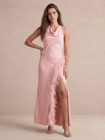 Ligh Pink Sheath Floor Length Satin With Feather Trim Wedding Guest Dresses Halter Cowl Neck Evening Dresses