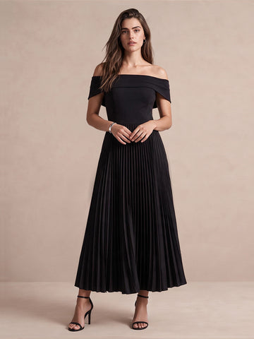 Black A Line Midi Crepe Pleated Wedding Guest Dresses Off Shoulder Cocktail Dresses
