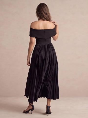 Black A Line Midi Crepe Pleated Wedding Guest Dresses Off Shoulder Cocktail Dresses