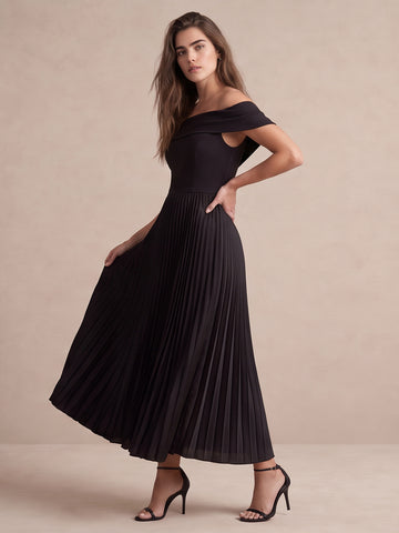 Black A Line Midi Crepe Pleated Wedding Guest Dresses Off Shoulder Cocktail Dresses