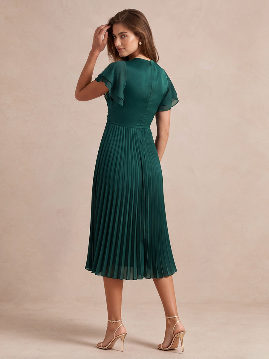 Emerald Green A Line Midi Pleated Chiffon Wedding Guest Dresses V Neck Cocktail Dresses